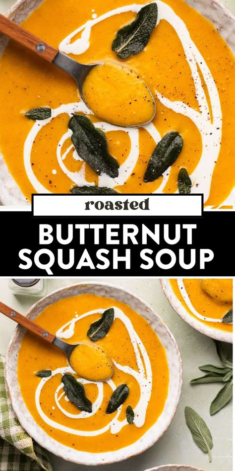 This roasted butternut squash soup is fall comfort food at its finest! It's rich, creamy, and so easy to make. No need to peel or cube the squash, making it the perfect easy fall meal. Roast a whole head of garlic with the squash to add so much flavor! Garlic Butternut Squash Soup, Roasted Butternut Squash Recipes Soup, Protein Butternut Squash Soup, Buttnut Squash Recipes Healthy, Martha Stewart Butternut Squash Soup, Recipes Butternut Squash, Joanna Gaines Butternut Squash Soup, Butternut And Acorn Squash Soup, Roast Butternut Squash Soup