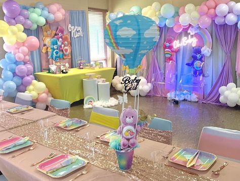 Carebear Gender Reveal, Care Bears Birthday Party Centerpieces, Care Bear Gender Reveal Ideas, Carebear Baby Shower Theme Girl, Carebear Centerpiece, Care Bears Gender Reveal, Care Bear Birthday Theme, Care Bare Baby Shower Theme, Care Bear 1st Birthday Party