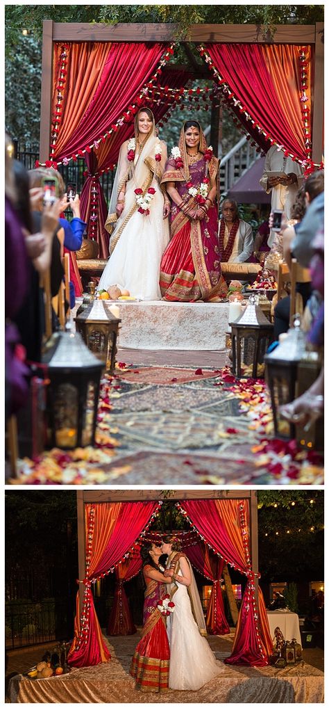 Queer Indian Wedding, Weddings Decorations Elegant Romantic, South Indian Wedding Hairstyles, Modern Indian Wedding, Gay Weddings, Mandap Decor, Wedding Mandap, South Indian Weddings, Two Brides