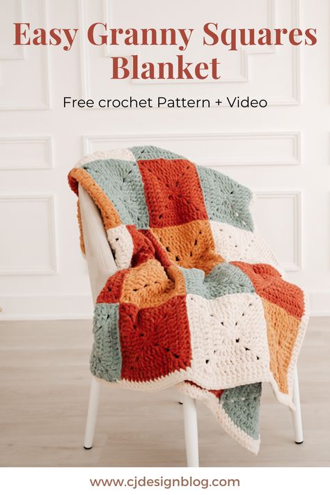 Beginner-friendly crochet blanket pattern. Granny squares made with chenille yarn. Step-by-step video tutorial | CJDesignblog.com  #Grannysquares #Crochetblanket Thick Yarn Granny Square, Making A Granny Square, Quick Blanket Patterns, One Color Granny Square Blanket, Crochet Baby Blanket Free Pattern Granny Squares, Beginner Crochet Blanket Patterns, Bernat Crochet Blanket, Crochet Couch Blanket Free Pattern, Crochet Granny Square Beginner Simple