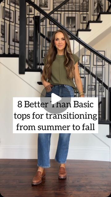 Merrick White / Style Educator on Instagram: "8 “Better Than Basic” tops for summer to fall…which is your favorite??  These are tops you can wear while it’s still warm, AND as it cools down 🍁  Comment below with the word LINK and I’ll send you a DM with links to these tops (and my jeans and shoes) ❤️  #goshoppingwithmerrick" Flats And Jeans Outfit, Fall Happy Hour Outfit, Jeans And Blouse Outfit, Sweater Tank Outfit, Blouse And Jeans Outfit, Knitted Top Outfit, Cropped Jeans Outfit, Happy Hour Outfit, Jeans And Shoes