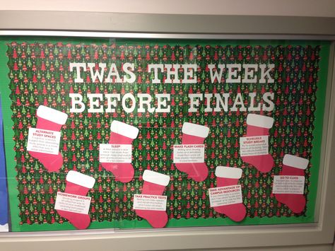 Final exams study tip bulletin board Finals Week Bulletin Board, Exam Bulletin Board Ideas, Study Tips Bulletin Board, Final Exam Study Tips, Ra Programs, Dorm Bulletin Boards, Res Life Bulletin Boards, Resident Assistant Bulletin Boards, College Bulletin Boards