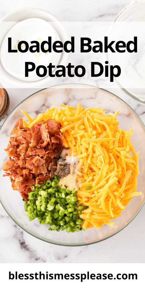 Loaded Baked Potato Dip made with bacon, sour cream, cheese & more - perfect for potato chips! An easy dip recipe for parties or afternoon munchies. #dip #snacks #chips Loaded Potato Chip Dip, Best Potato Chip Dip, Party Dip Ideas, Loaded Potato Dip, Dip Snacks, Potato Chip Dip, Homemade Chip Dip, Loaded Baked Potato Dip, Best Potato Chips