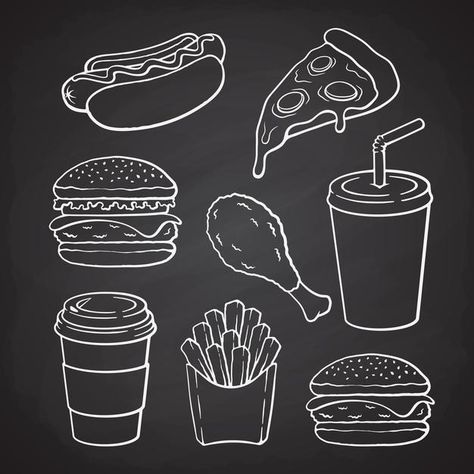 Hamburger Chalkboard Art, Hot Dog Chalkboard Art, Doodles Food, Burger Drawing, Cafe Chalkboard, Coffee Wallpaper Iphone, Dog Pizza, Hot Dog Pizza, Menu Coffee