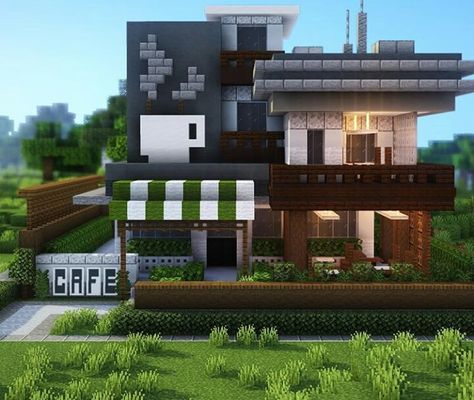 Minecraft Modern Village Ideas, Minecraft Clothes Store, Minecraft Deli Shop, Shopping District Minecraft, Minecraft Building Ideas Modern City, Minecraft Cake House, Minecraft Cafe Exterior, Minecraft Dome House, Cafe Design Minecraft