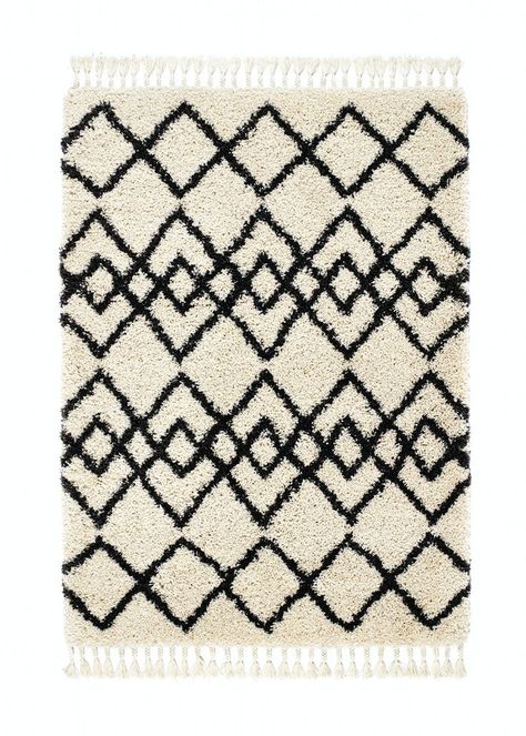 This deep pile shaggy rug by Origins features a Moroccan style design, which can be effortlessly introduced into any interior. Woven using 100% heat set polypropylene, this timeless rug is stylish, hard wearing and long lasting. It features an ivory base colour, which is contrasted by an intricate charcoal pattern and complete with delicate tassel edging. Pair with Moroccan style accessories to create a captivating and welcoming feel. Dimensions: 80cm x 150cm. Charcoal Color Scheme, Moroccan Decor Living Room, Fringe Rugs, Rug Aesthetic, Moroccan Style Rug, Charcoal Rug, Diamond Rugs, Bedroom Boho, Shaggy Rug