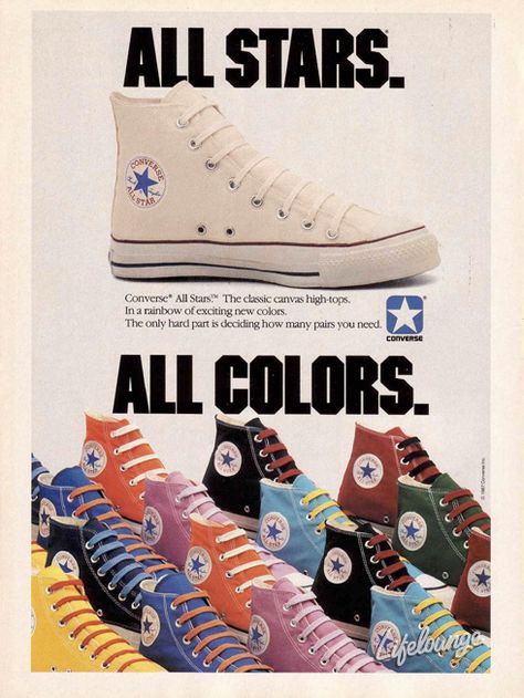 Converse 1980s Converse Bleu, Converse Cdg, Converse Chucks, Desain Editorial, Vintage Converse, All Stars Converse, Retro Ads, Old Ads, Room Posters