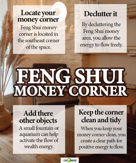 Money Corner Feng Shui Decor, Feng Shui Money Corner, Feng Shui To Attract Money, Feng Shui Crystal Placement, Feng Shui For Beginners, Feng Shui Wealth Corner, Money Corner, Feng Shui Abundance Corner, Feng Shui Directions