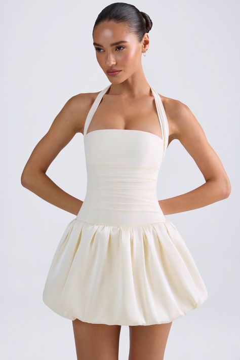 Ludmila Halterneck Lace-Up Bubble Hem Corset Micro Mini Dress in Ivory | Oh Polly Bubble Hem, Sleeveless Short Dress, Grad Dresses, Oh Polly, Hem Skirt, Micro Mini, Kochi, Mode Inspiration, White Skirts