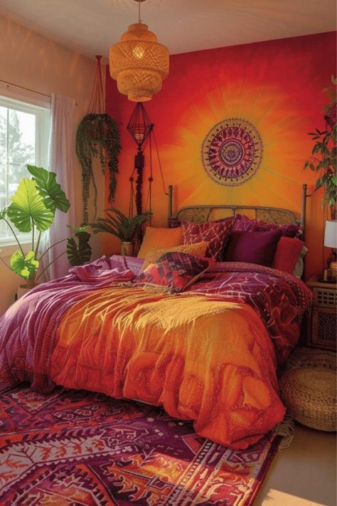 Boho Bedroom Colourful, Vibrant Wall Colors, Vibrant Room Aesthetic, Red Boho Bedroom, Sunset Bedroom, Boho Bedroom Inspirations, Colorful Walls, Orange Room, Fiery Sunset