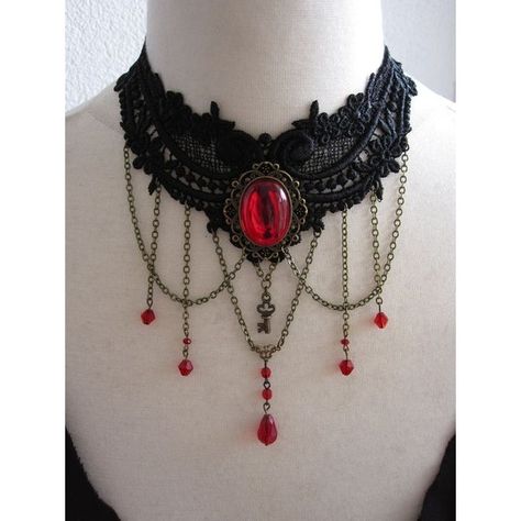 Lace Choker Necklace Collier Blood Red Victorian Rococo Gothic Vampire... ❤ liked on Polyvore featuring jewelry, necklaces, antique victorian necklaces, lace choker, lace necklace, filigree necklace and victorian choker Black And Red Jewelry, Blood Choker, Blood Jewelry, Vampire Choker, Red And Black Necklace, Victorian Choker Necklace, Gothic Necklaces, White Lace Choker, Victorian Choker