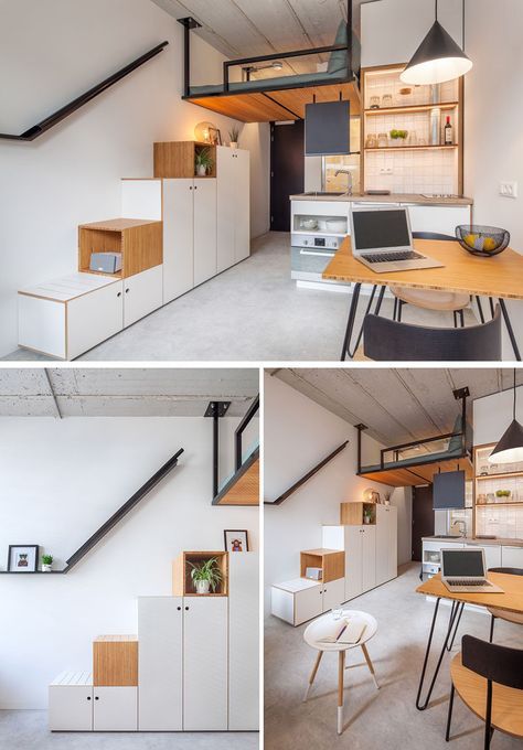 This modern and small apartment has a bed attached to the ceiling, hanging 3 meters above the floor. A large wardrobe does double duty as storage and due to its design, it also acts as a sturdy staircase to the bed. #LoftBed #Stairs #Storage #SmallLiving #ApartmentDesign Small Loft Apartments, Tiny Loft, Stairs Storage, Student Apartment, Apartment Storage, Decor Studio, Small Loft, Small Apartment Design, Loft Interiors