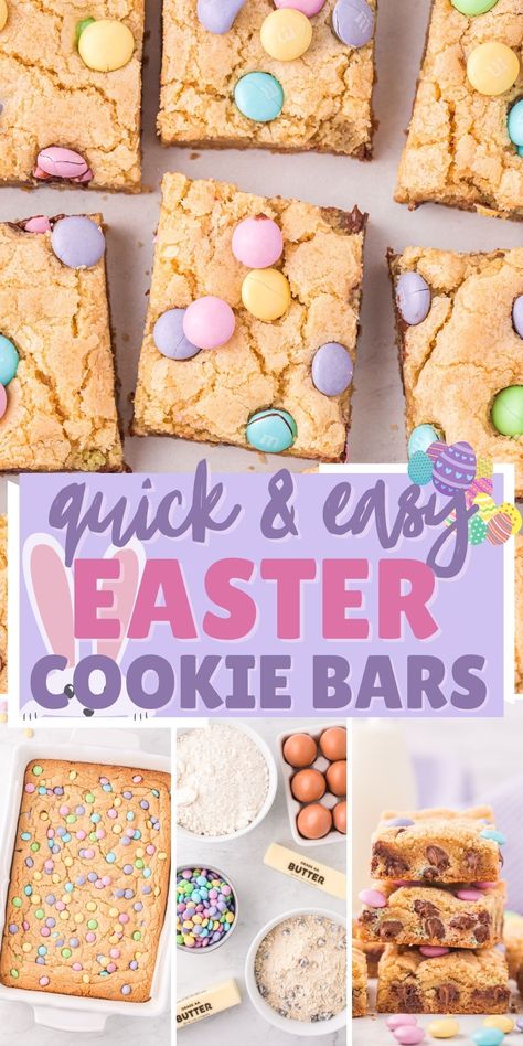 These quick and easy, semi-homemade Easter Cookie Bars use just 5 ingredients and are sure to satisfy any sweet tooth. Crispy on the outside, soft and chewy inside, thick and full of chocolate chips and pretty pastel Easter M&M's. You really can't go wrong with these dessert bars. Easter Cake Mix Cookie Bars, Easter Treats With M&ms, M M Easter Cookie Bars Easy, Easter Chocolate Chip Cookie Bars, Easter Blondie Bars, Easter M&m Cookie Bars, Easter Mm Cookies, Quick Easter Treats, Easter Cookie Bars Recipes