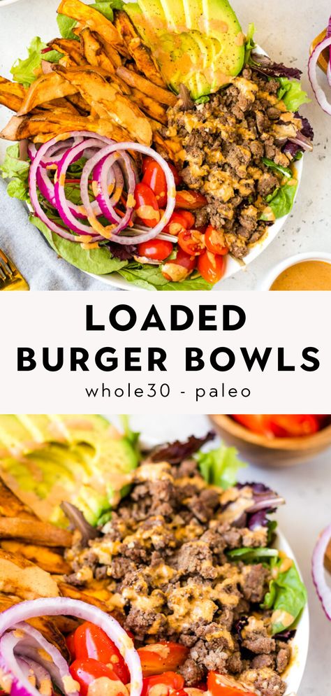 Forget the buns! These burger bowls are loaded with ground beef, onion, tomatoes, avocado, and sweet potato fries - all served over a bed of greens and drizzled with a "special sauce". They are so easy to make, healthy, and filling! Paleo, Whole30, and gluten free too! Loaded Burger Bowls, Loaded Burger, Paleo Burger, Burger Bowls, Bunless Burger, Burger Salad, Healthy Ground Beef, Ground Beef Recipes Healthy, Special Sauce