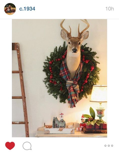 Deer Head Decor Christmas, Den Makeover, Tartan Decor, Deer Head Decor, Antler Ideas, Home Decor Photography, Taxidermy Decor, Christmas Cabin, Christmas Lodge