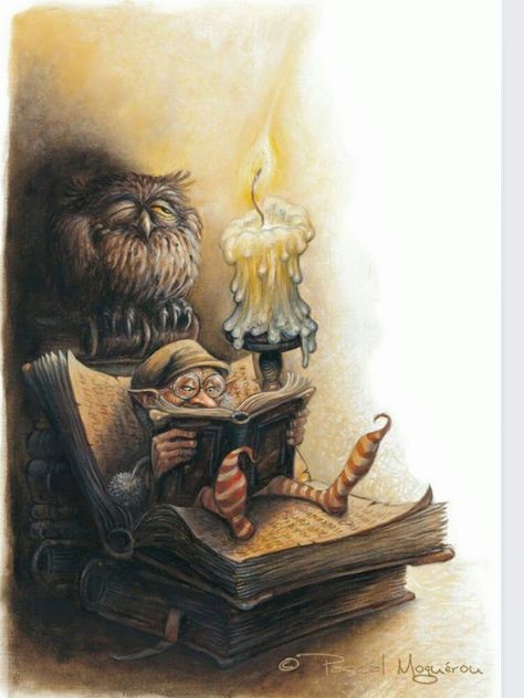 Gnome Pascal Moguerou, Fairies Elves, Art Et Illustration, Reading A Book, Arte Fantasy, Art And Illustration, Fairy Art, Childrens Illustrations, Magical Creatures