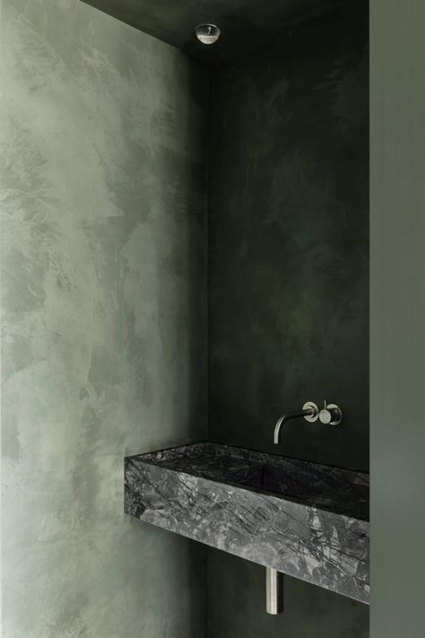 Apartment on the Belgian coast balances natural and industrial materials Dark Microcement Bathroom, Cave Like Bathroom, Soothing Interiors, Mint Green Bathrooms, Tranquil Bathroom, Interior Minimal, Wellness Centre, House Vibes, Guest Toilet