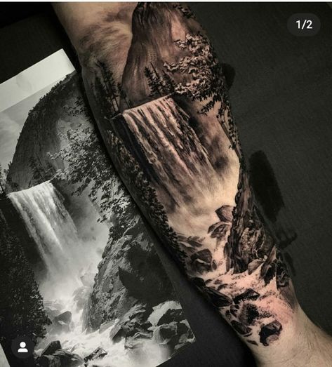 Mountain Sleeve Tattoo, Waterfall Tattoo, Natur Tattoo Arm, Wilderness Tattoo, Simple Forearm Tattoos, Animal Sleeve Tattoo, Nature Tattoo Sleeve, Wolf Tattoo Sleeve, Hiking Tattoo