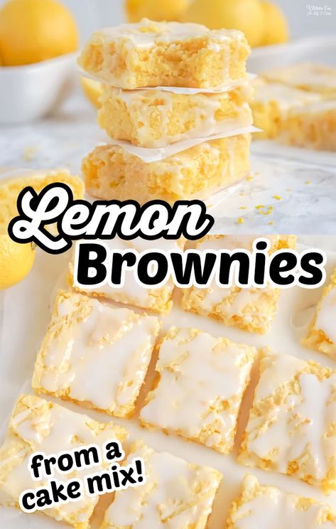 Lemon Cake Mix Ideas, Lemon Cake Desserts, Lemon Brownies With Cake Mix Boxes, Lemon Brownies Recipe, Fun Food Ideas For Kids, Lemony Lemon Brownies, Mini Lemon Bundt Cakes, Homemade Lemon Cake, Lemon Cake Mix Recipe