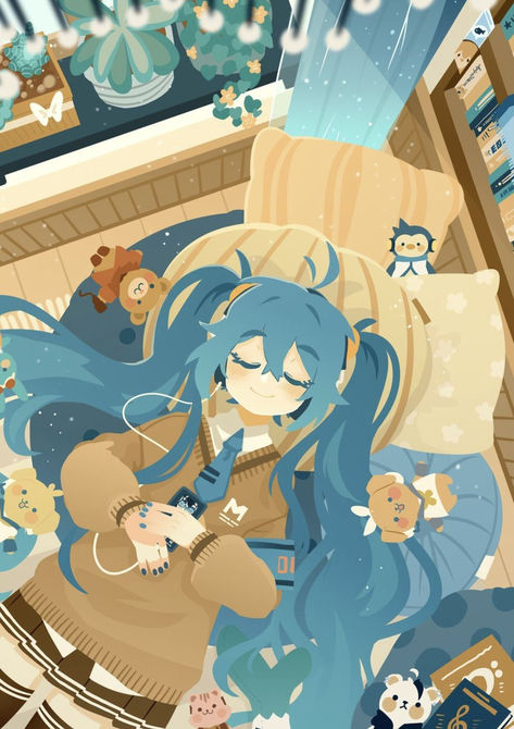 An Anime, Blue Hair, Vocaloid, Wallpapers, Bed, Hair, Animals, Anime, Blue