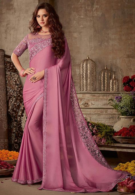 Embroidered Border Satin Chiffon Saree in Pink Crepe Silk Sarees, Designer Silk Sarees, Plain Saree, Satin Saree, Utsav Fashion, Art Silk Sarees, Trendy Sarees, Stylish Sarees, Saree Look