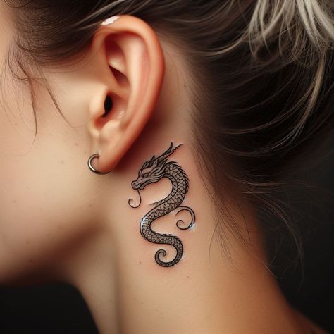 Dragon Tattoo Behind Ear, Small Dragon Tattoo, Couple Tat, Grafic Art, Small Dragon Tattoos, Small Dragon, M Tattoos, Dope Tattoos For Women, Tat Ideas