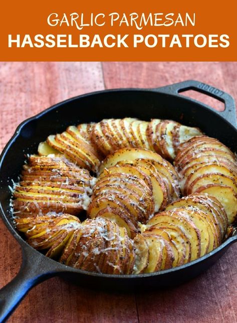 Hasselback Potatoes with Parmesan and Roasted Garlic are your next favorite side dish! With meaty potatoes and loads of garlic and Parmesan flavor, they're sure to be a dinner hit! Roasted Garlic Recipe, Cast Iron Skillet Cooking, Iron Skillet Recipes, Hasselback Potatoes, Skillet Recipes, Cast Iron Skillet Recipes, Cast Iron Recipes, Garlic Recipes, Baked Potatoes