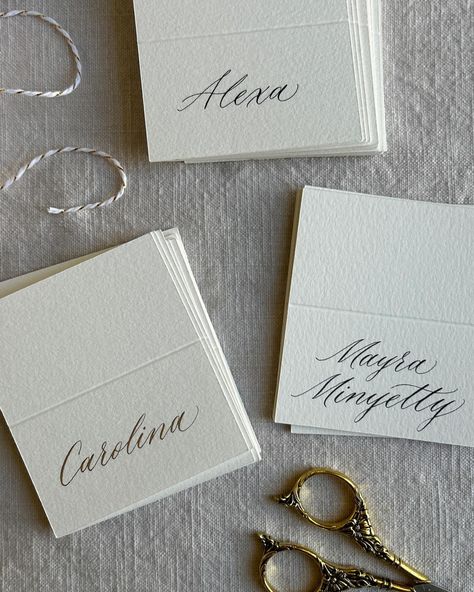 After a somewhat long dry spell on calligraphy commissions, my drying racks are finally making an appearance in the studio again, and they’re the perfect indication that it’s party season! I didn’t manage to take photos of all of the place cards, but here are a few! 🩵 Obviously I’m obsessed with how the gold ink shimmers, and this copperplate gold will continue to be a favorite! I am, however, committed to learning ink and color mixing, in hopes to provide a wider range of options in the fu... Calligraphy Names, Wedding Postage, Calligraphy Stationery, Drying Racks, Calligraphy Name, Free Script Fonts, Calligraphy Handwriting, Table Cards, Paper Paper