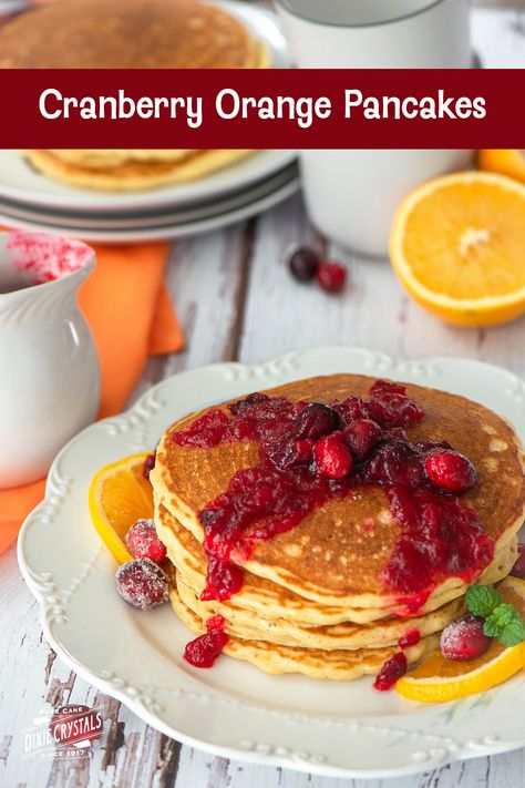 Cranberry Orange Pancakes - Wake up to these fluffy, rich #pancakes and make your #mornings extra special. #Holiday-inspired, these scrumptious #Cranberry #Orange Pancakes are brimming with #citrus taste and topped with sweet and tangy cranberry orange sauce. A perfect sweet treat for #brunch. For more breakfast & brunch recipes visit www.dixiecrystals.com. #dixiecrystals Orange Pancakes Recipes, Cooking Cranberries, Cranberry Pancakes, Orange Pancakes, Strawberry Banana Bread, Cranberry Orange Sauce, Sweet Sauces, Puff Pastry Filling, Pumpkin Cranberry