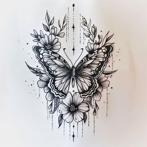 Butterfly Flower Neck Tattoo, Butterfly With Mandala Tattoo, Flower And Butterfly Tattoo Thigh Piece, Unique Tattoo Designs Women, Black Tattoo With Pop Of Color, Butterfly And Mandala Tattoo, Butterfly Strength Tattoo, Thigh Butterfly Tattoo Women, Gothic Thigh Tattoos Women