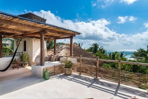 Rentals Tulum on Instagram: "Continuing with the #pyramidal #architecture, we find its beautiful #rooftop terrace overlooking the sea, which offers space for up to 8 people, between different places to sit in the shade, stone sofas, a hammock, and a round rattan lounger, creating the perfect space to relax at #sunrise. #RentalsTulum #Airbnb #Tulum #luxury #FirstClassHospitality" Stone Sofas, Hammock Terrace, Pyramidal Architecture, Rooftop Hammock, Beach House With Rooftop Deck, Hammock Built Into Deck, Mexico Rooftop Terrace, Deck Hammock, Rattan Lounger