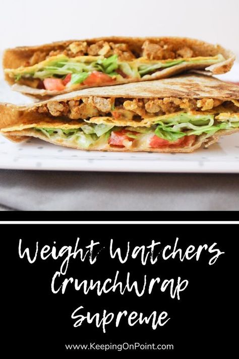 Weight Watchers Crunchwrap Supreme - only 6 points for blue and purple, 8 points for green! Weight Watchers Chimichangas, Weight Watchers Crunch Wrap Supreme, Ww Crunch Wrap Supreme, Zero Point Lunch Weight Watchers, Weight Watchers Taco Bell, Crunch Wrap Supreme Recipe Healthy, Weight Watchers Crunch Wrap, Weight Watchers Tacos, Weight Watchers Quesadilla