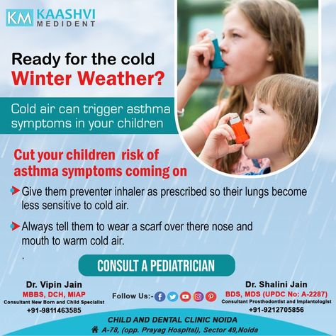 Children airways are irritated by cold air since it is dry. In addition, it can make your child's asthma worse by increasing mucus production. There is no doubt that that constriction can make breathing more difficult for kids with asthma and can lead to asthma attacks more often. #KaashviMedident #children #airways #mucus #breathing #coldair #winter #asthma #asthmatic #worse #childcare #asthmaattack #kids #dryair #pediatrician #health #healthcare Asthma Symptoms, Asthma Attacks, Cold Air, Winter Weather, Dental Clinic, Cold Winter, Childcare, Health Care, For Kids