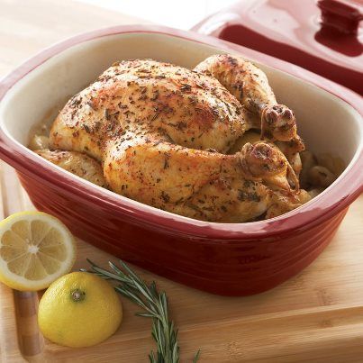 30 minute chicken in the Deep Covered Baker Pampered Chef Deep Covered Baker, Deep Covered Baker, Pampered Chef Stoneware, Roasted Garlic Chicken, Large Bar, Whole Chicken Recipes, Sunday Dinners, Pampered Chef Recipes, Herb Roasted Chicken