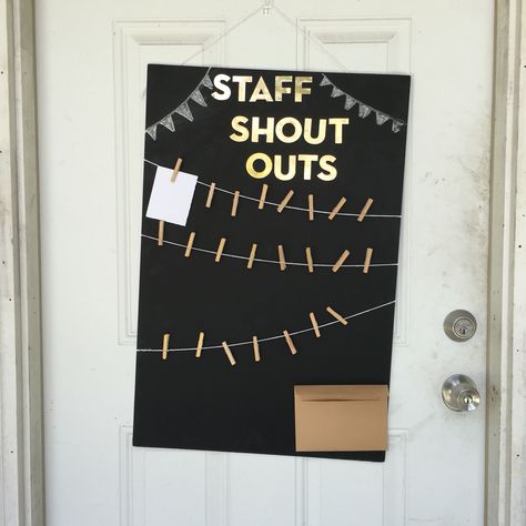 Staff Appreciation Wall Ideas, Staff Celebration Board, Employee Kudos Board, Daycare Staff Board, Office Shout Out Board Ideas, Shoutout Board Staff, Staff Mailbox Ideas, Front Desk Appreciation Ideas, Small Staff Break Room Ideas