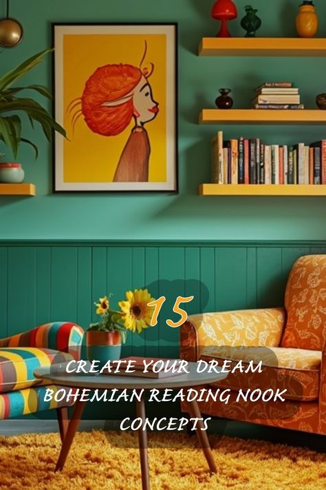 Transform your space into a vibrant bohemian reading nook! I love how the rich teal walls contrast with the warm accents of yellow shelves and cozy furniture. The playful patterns and art bring a unique charm, making it the perfect spot to unwind with a good book. Discover 15 creative concepts to craft your dream reading corner! Yellow Shelves, Yellow Library, Nook Design Ideas, Hollywood Regency Bedroom, Nook Inspiration, Nook Design, Reading Nook Ideas, Cozy Bohemian, Cozy Furniture