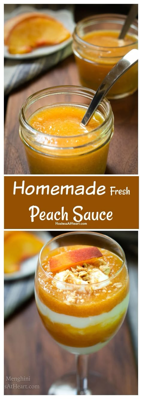 The uses for fresh peach sauce are endless. It makes a great topping over ice cream and cake, delicious yogurt parfait, frozen popsicle, or Peach Bellini. #peachdessert #peachrecipes #peaches #dessert #recipes Peaches And Ice Cream Desserts, Peaches Dessert Recipes, Peach Ice Cream Topping, Fresh Peach Sauce, Peaches Dessert, Freezing Peaches, Lake Recipes, Fresh Peach Recipes, Peach Sauce