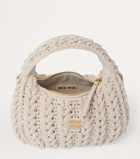 Miu Miu Wander, Cute Handbags, Crochet Tote Bag, Lettering Logo, Chalk White, Crochet Tote, Ballet Flat Shoes, Knitted Bags, Woven Cotton