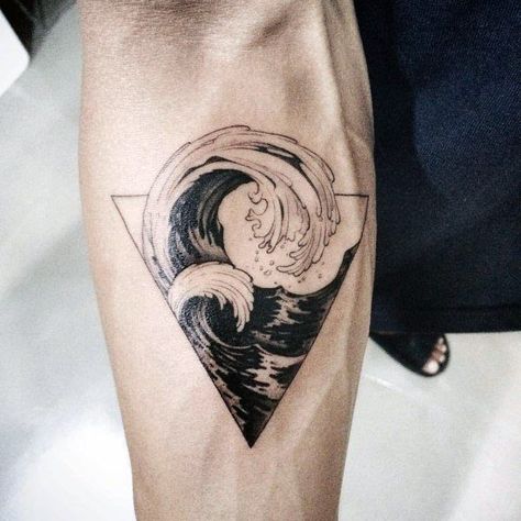 Mens Black Ink Inner Forearm Small Triangle Ocean Tattoo Ideas #UltraCoolTattoos Luck Tattoo, Surf Tattoo, Wave Tattoo, Ocean Tattoos, Tattoos Geometric, Symbol Tattoos, Waves Tattoo, Symbolic Tattoos, Trendy Tattoos