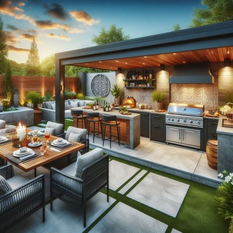 Kitchen With Sitting Area, Garden Dining Area, Outdoor Patio Design Ideas, Bbq Areas, Spacious Backyard, Patio Design Ideas, Contemporary Living Room Design, Outdoor Patio Designs, Outdoor Kitchen Plans