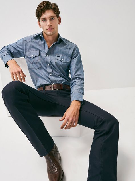 Wrancher® Dress Jean Men’s Western Shirt, Cowboy Modern Outfit Men, Work Shirt Outfit Men, Denim Shirt Outfit Mens, Wrangler Dress Jeans, Western Men Outfits, Dress Jeans Men, Wrangler Wrancher Dress Jean, Wrangler Dress