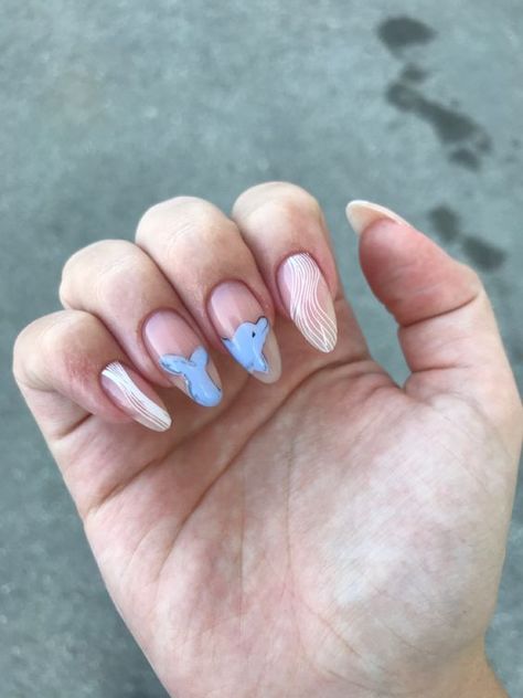 Muted Blue Nails Design, Dolphin Nail Art Design, Dolphin Nails Designs, Marine Biology Nails, Sea Animal Nails, Blue Sea Nails, Summer Nails Sea, Cuba Nails, Dolphin Nail Art