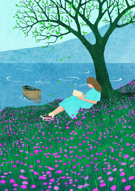 illustration of woman reading under a tree next to the water, surrounded by flowers and with mountains in the background Reading A Book Under A Tree, Xuan Loc Xuan, Reading Under A Tree, Peaceful Illustration, Urban Illustration, Reading Books Illustration, Wood Illustration, Under A Tree, Beautiful Books