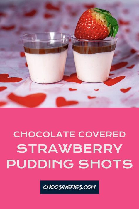 This recipe for chocolate covered strawberry pudding shots tops a layer of alcoholic strawberry pudding with a crisp chocolate shell to mimic the dessert. Valentines Pudding Shots, Red Pudding Shots, Pudding Shots Rumchata, Strawberry Pudding Shots, Butterscotch Pudding Shots, Shots With Rum, Banana Pudding Shots, Vanilla Pudding Shots, Rumchata Pudding Shots