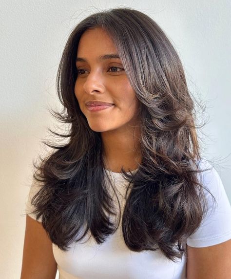 Armpit-Length Black Brown Shag for Thick Hair Indian Layered Hair, Long Haircut Indian, Indian Layered Haircut, Thick Indian Hair, Shag For Thick Hair, Med Length Haircuts, Armpit Length Hair, Long Hairstyles With Layers, Hairstyles With Layers