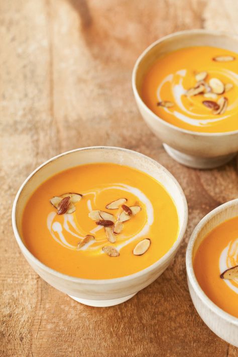 Carrot & Coconut Puree with Curried Almonds | Williams-Sonoma Taste Puree Soup, Carrot Coconut Soup, Carrot Puree, Pureed Soup, Coconut Soup, Brain Food, Homemade Soup, Working Mother, Healthy Soup