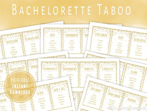 Bachelorette Taboo Game - Printable Games - Bachelorette Ideas - Bachelorette Weekend - https://etsy.me/3a0i4Eg #etsy #gold #henparty #printablegames #bachelorettegames #hennight #scavengerhunt #barscavengerhunt #nashlorette #drinkinggame Bach Party Games Free Printable, Bachelorette Taboo Game, Stagette Games, Gatlinburg Bachelorette, Bachelorette Quiz Game, Lingere Party Games, Taboo Game, Rehearsal Invitations, Heart Month