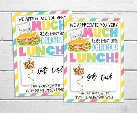 Brunch Sandwich, Appreciation Thank You, Teacher School, Sandwiches For Lunch, School Staff, Yummy Lunches, Easter Brunch, Card Tags, Gift Card Holder