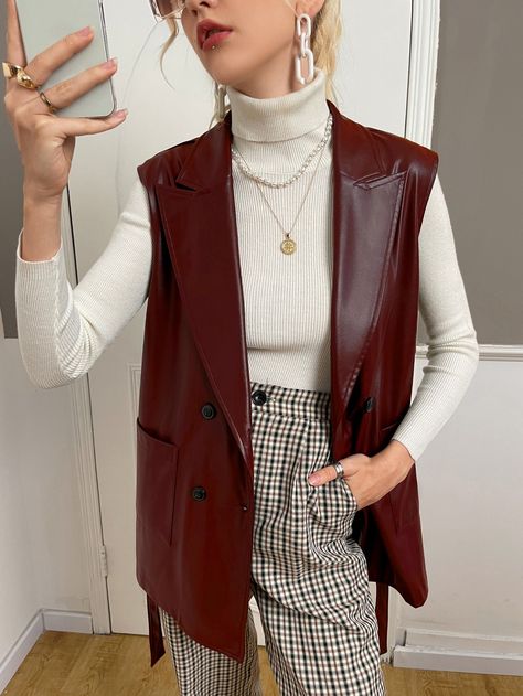 Burgundy Casual  Sleeveless PU Leather Plain Vest Embellished Slight Stretch Fall/Winter Women Outerwear Burgundy Vest Outfit, Leather Vest Outfit, Burgundy Vest, Plain Vest, Leather Waistcoat, Vest Outfit, Women Outerwear, Women Coats, Girls Dress Up