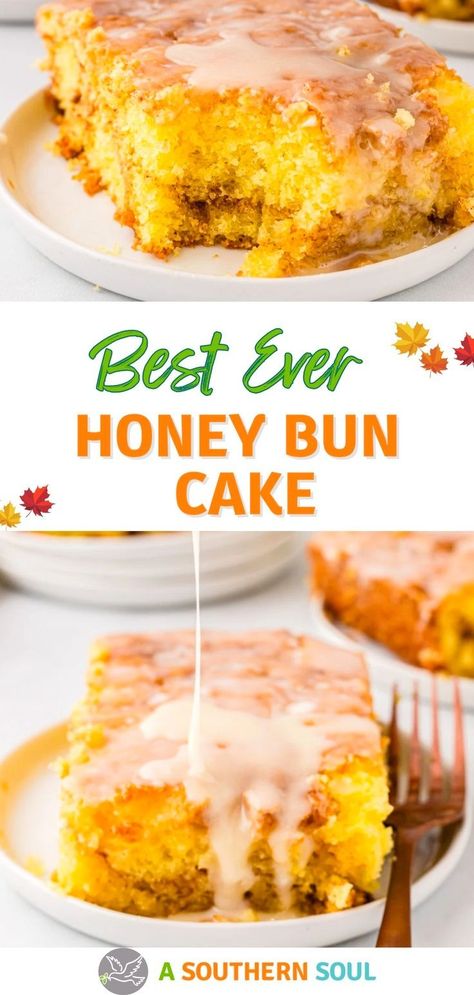 This moist, flavorful Honey Bun Cake is a ‘short-cut’ recipe that starts out as a box mix and is completely transformed by adding just a few simple pantry ingredients! With all the flavors of a classic Honey Bun, this cake is perfect to serve at any event, from weeknight dinners to cookouts and parties. Honey Bun Cake Recipe, Bun Cake Recipe, Honey Muffins, Honey Bun Cake, Apple Cinnamon Cake, Honey Cake Recipe, Bun Cake, Cut Recipe, Jiffy Corn Muffin Mix